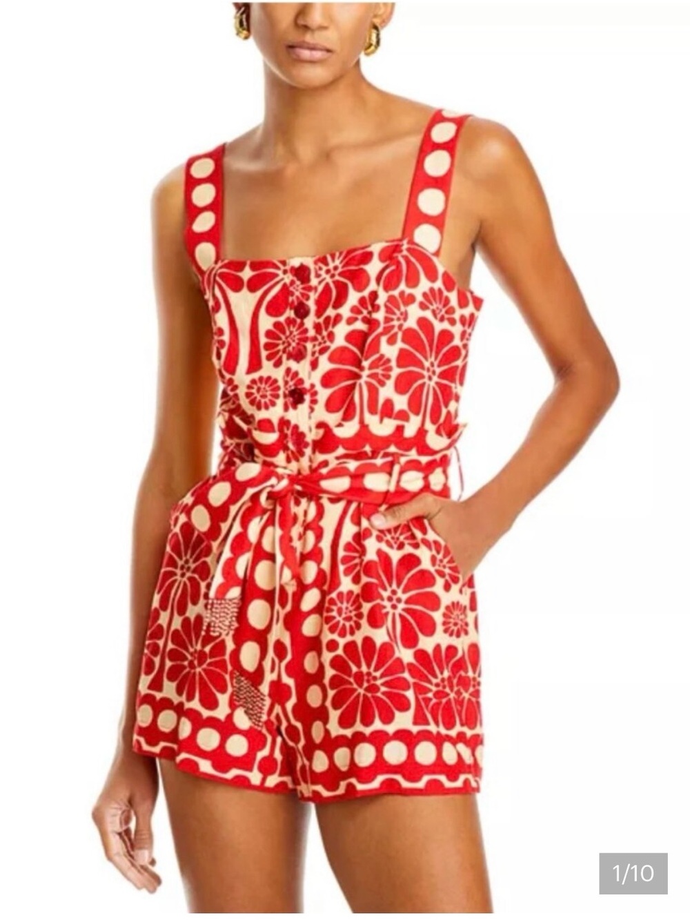 NWT, Farm Rio Palermo belted romper, red and cream, Medium